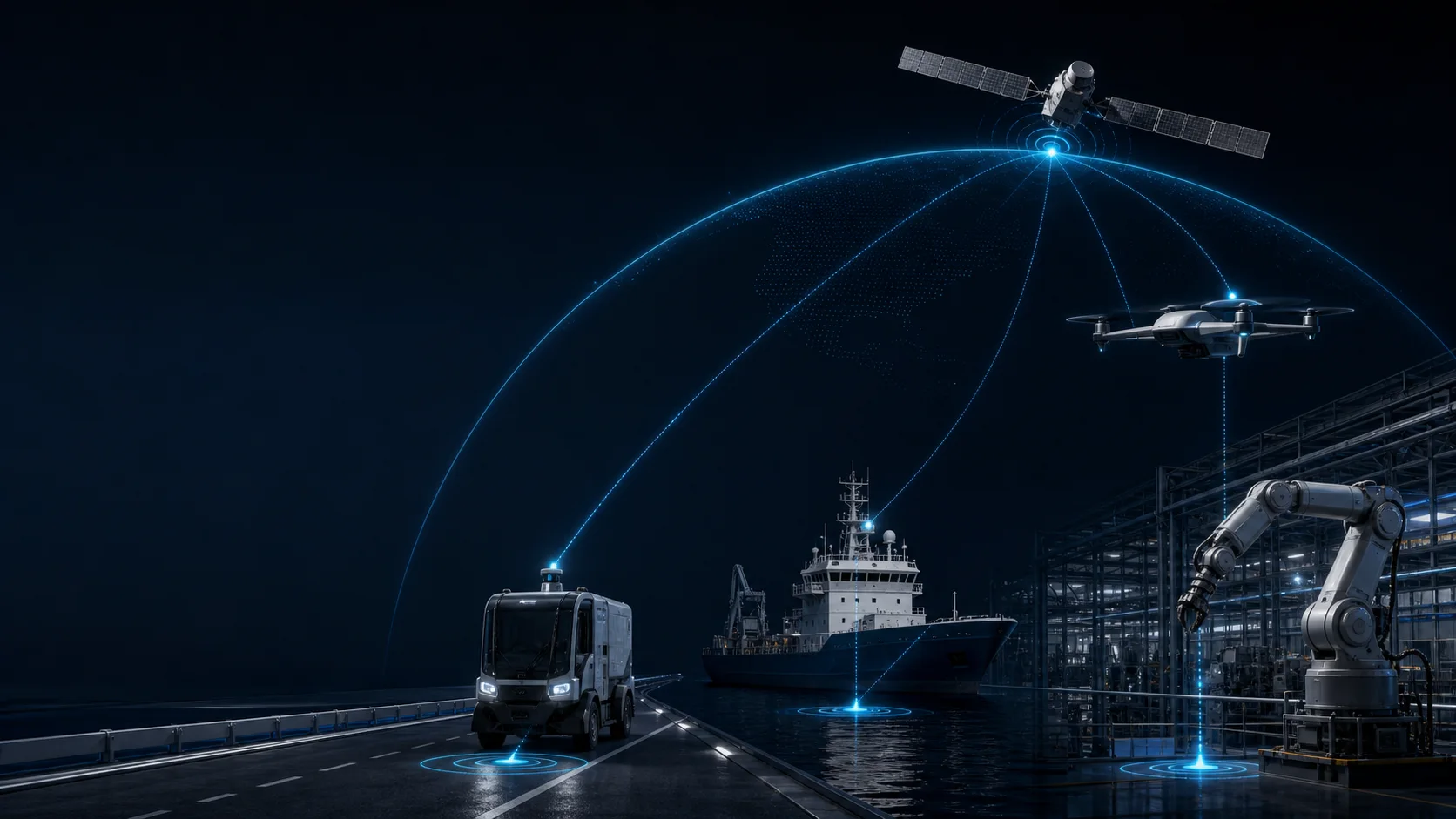 Conceptual application illustration of civilian GNSS navigation across vehicle, marine, industrial and OEM contexts.