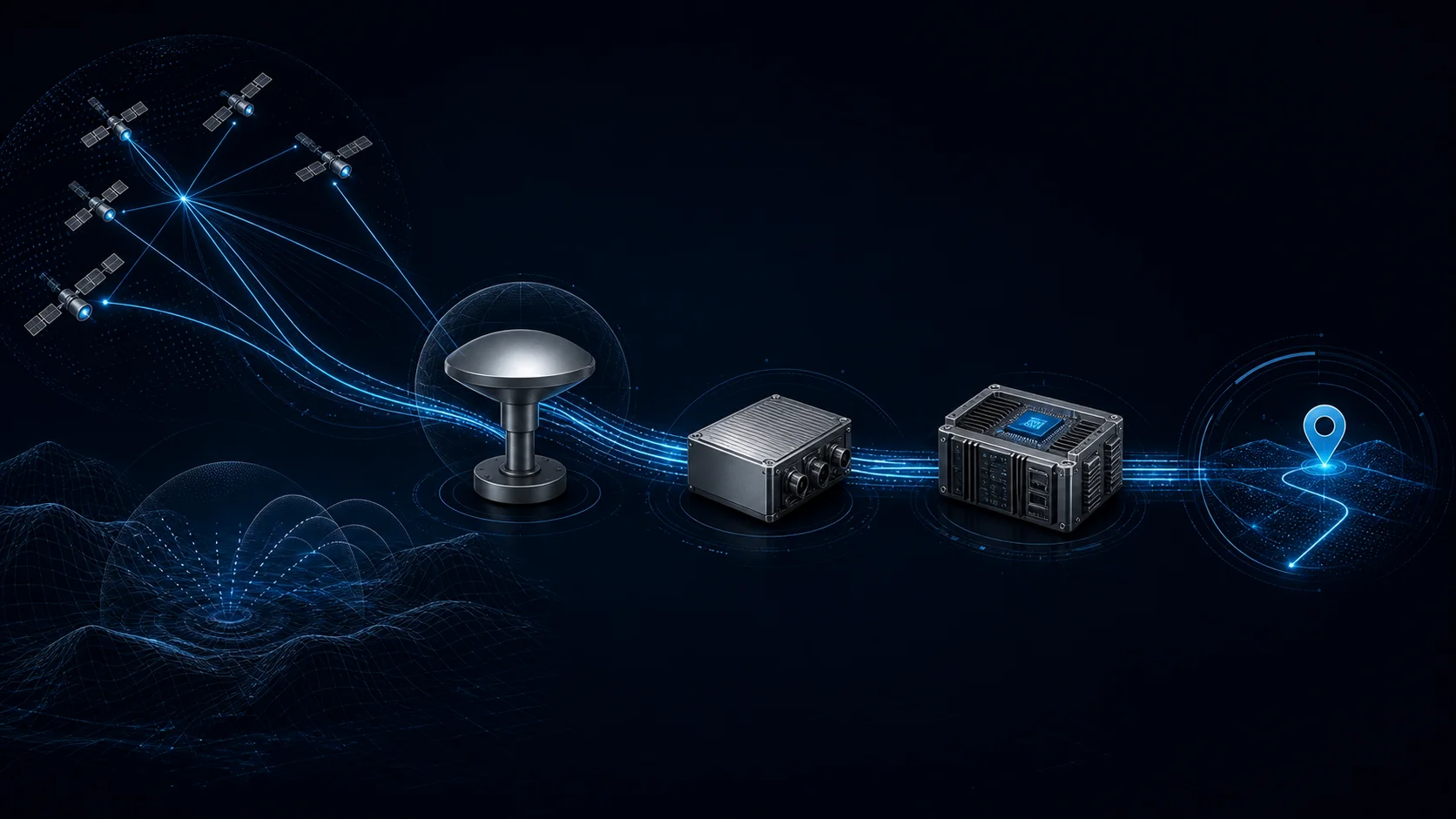Conceptual GNSS system integration map linking antenna, receiver, platform control and navigation output.