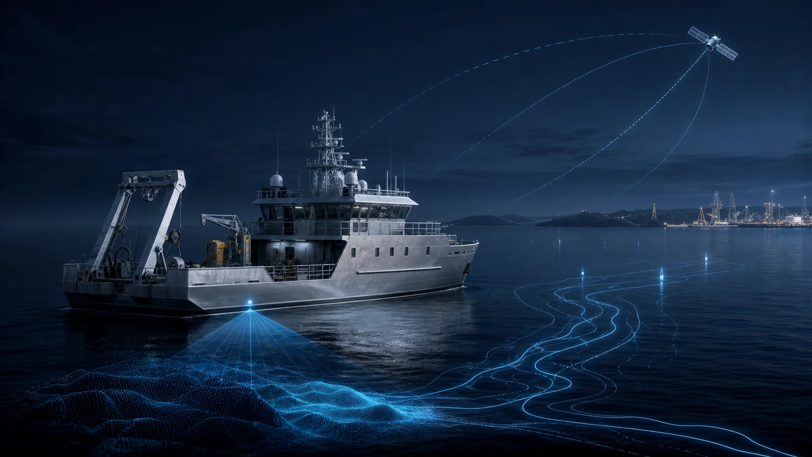 Conceptual application illustration of a commercial marine and survey vessel GNSS integration context.
