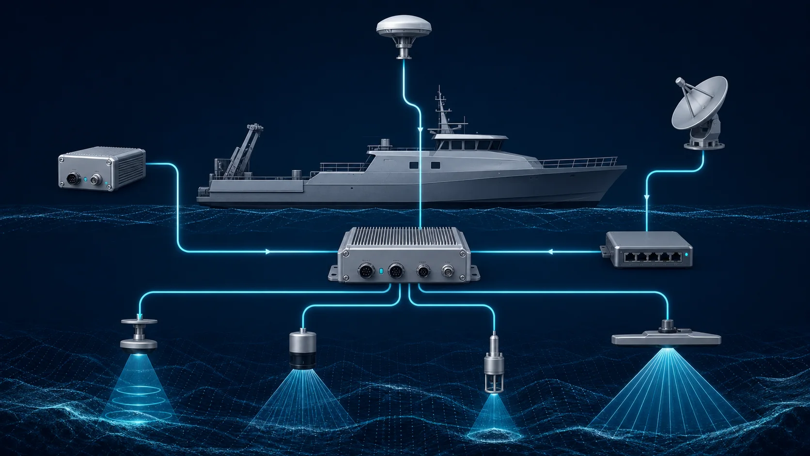 Conceptual marine GNSS navigation architecture showing antenna, receiver and vessel systems.
