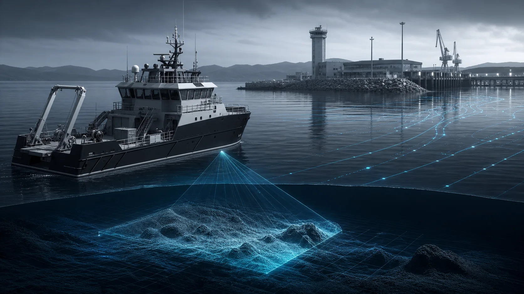Conceptual survey vessel illustration showing marine navigation and measurement context.