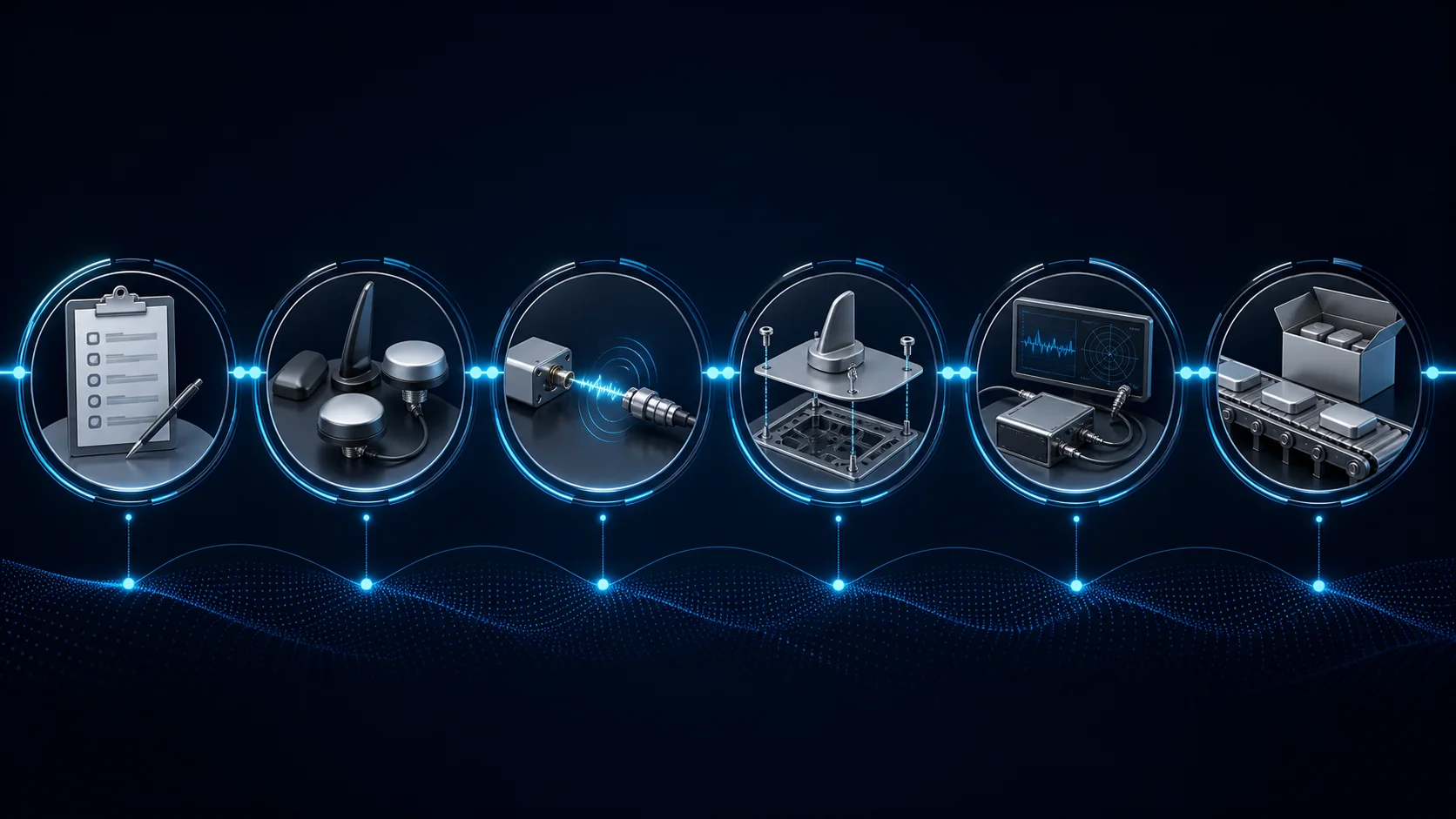 Conceptual OEM workflow illustration from antenna and receiver review through platform data output.
