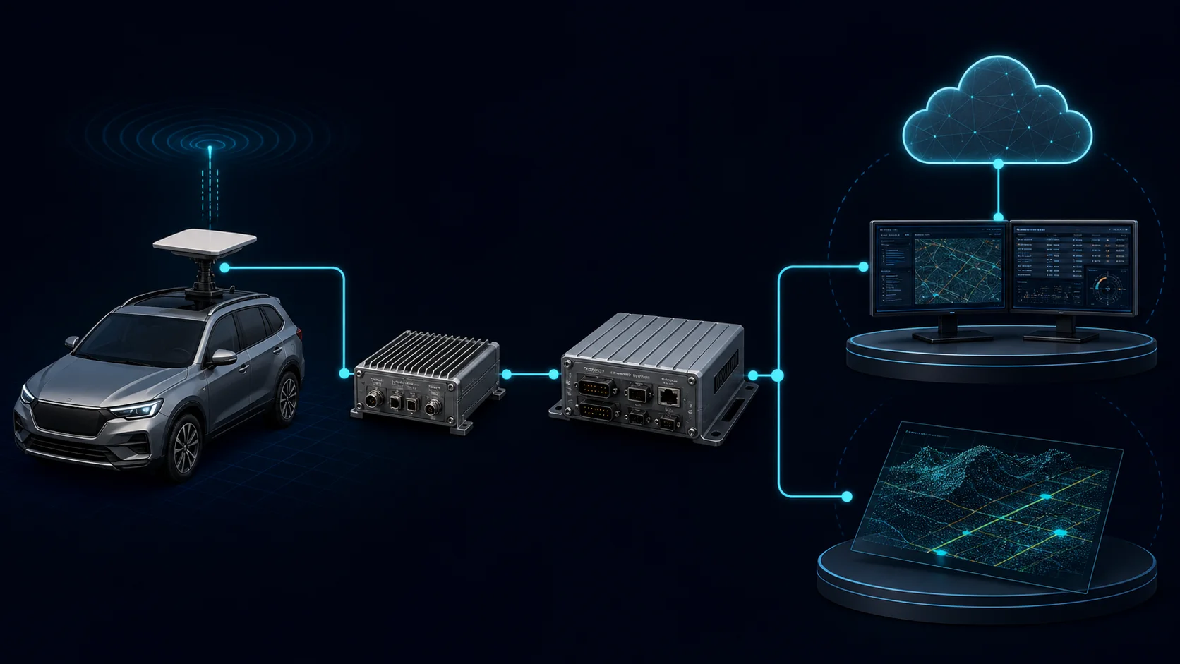 Conceptual engineering vehicle GNSS architecture showing antenna, receiver and platform interfaces.