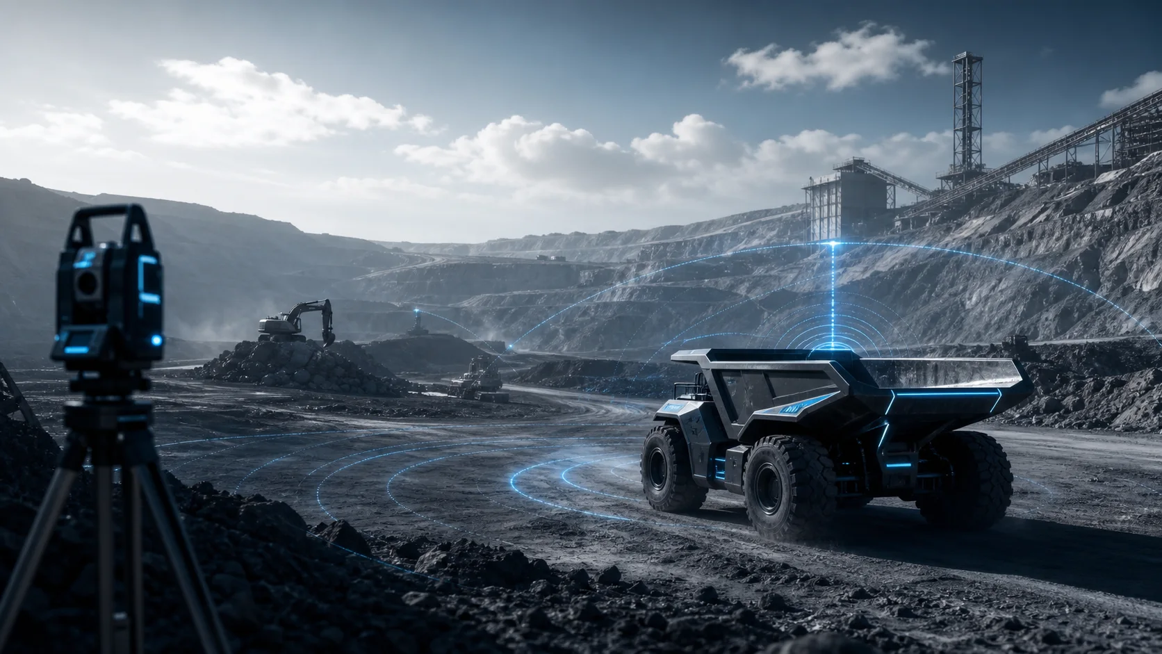 Conceptual field illustration of engineering and mining vehicle operations requiring GNSS integration review.