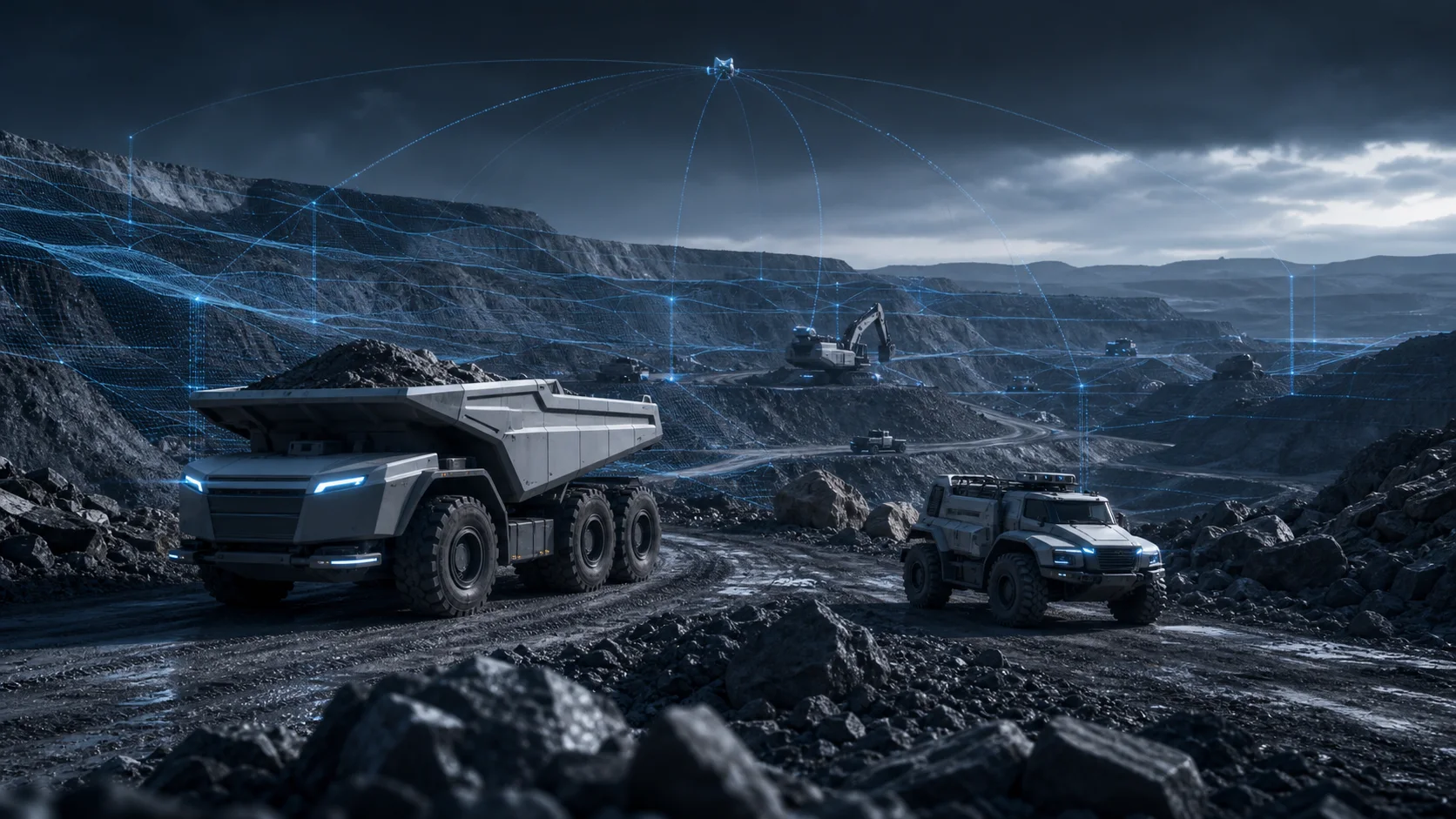 Conceptual application illustration of engineering and mining vehicles with GNSS integration context.