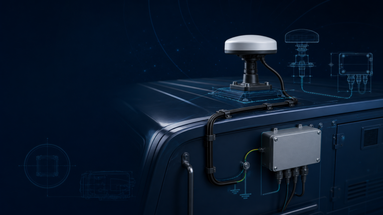 Conceptual GNSS installation review showing antenna mounting, cable routing and receiver interface documentation