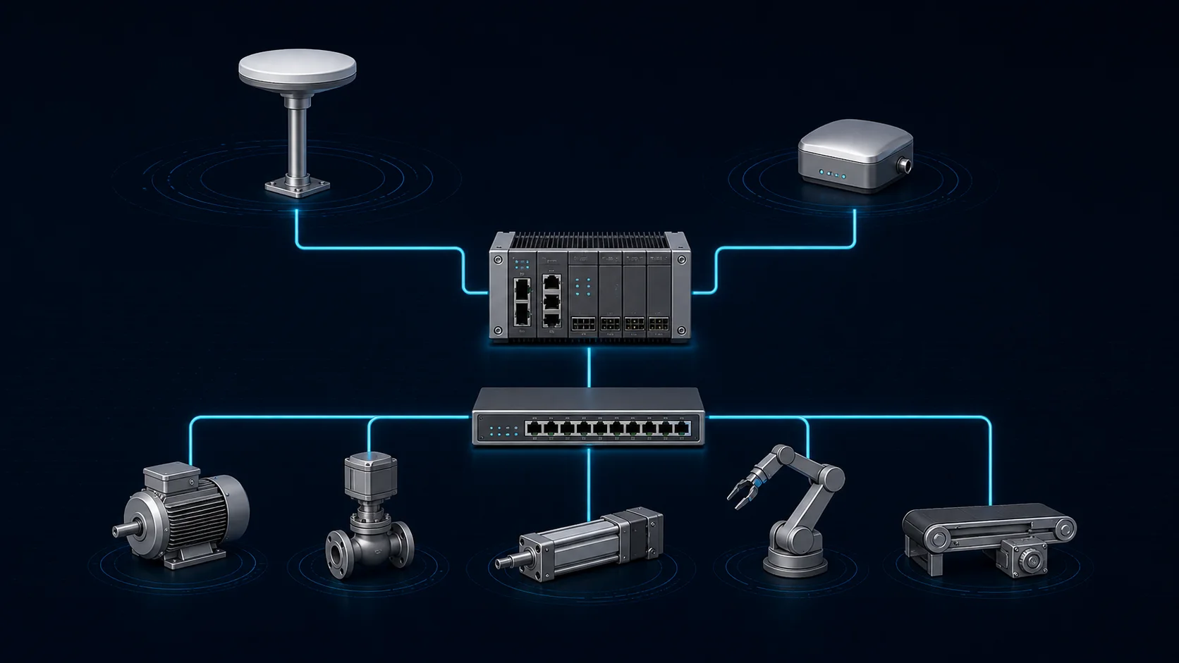 Conceptual industrial robotics GNSS architecture showing antenna, receiver and automation data path.