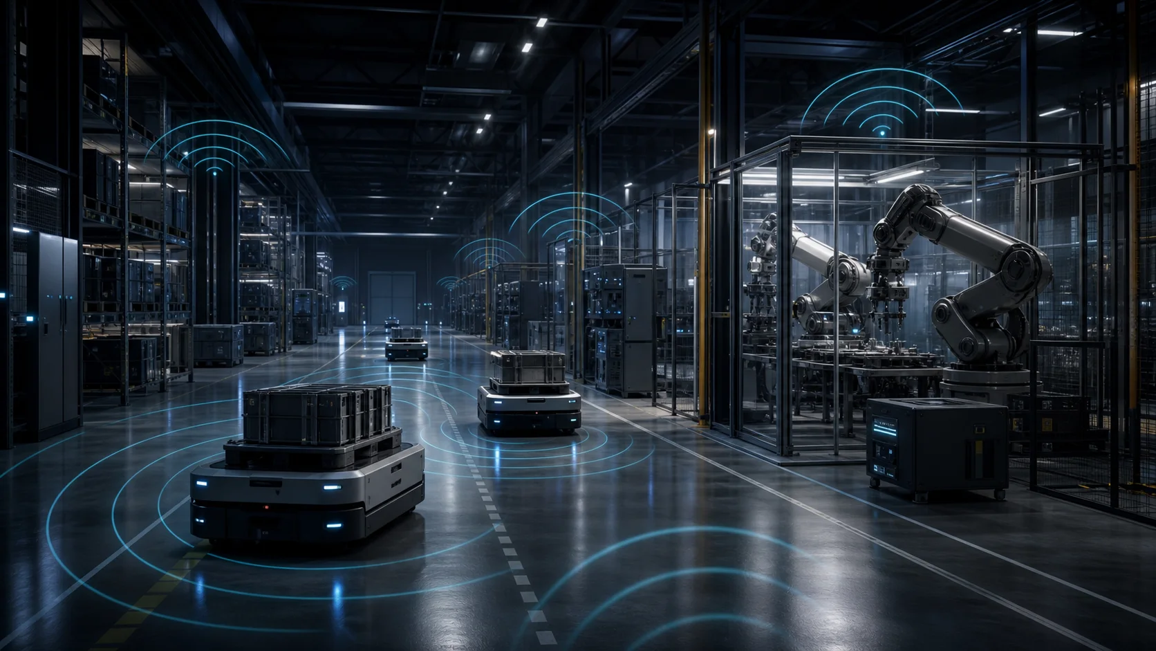 Conceptual industrial automation environment requiring positioning and interference review.