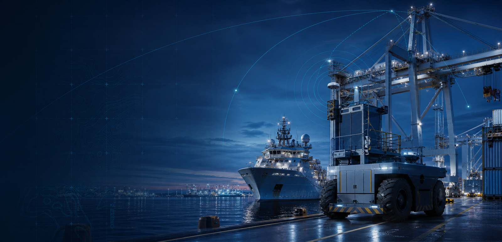 Conceptual ports and offshore systems GNSS integration illustration showing antenna, receiver and platform review context