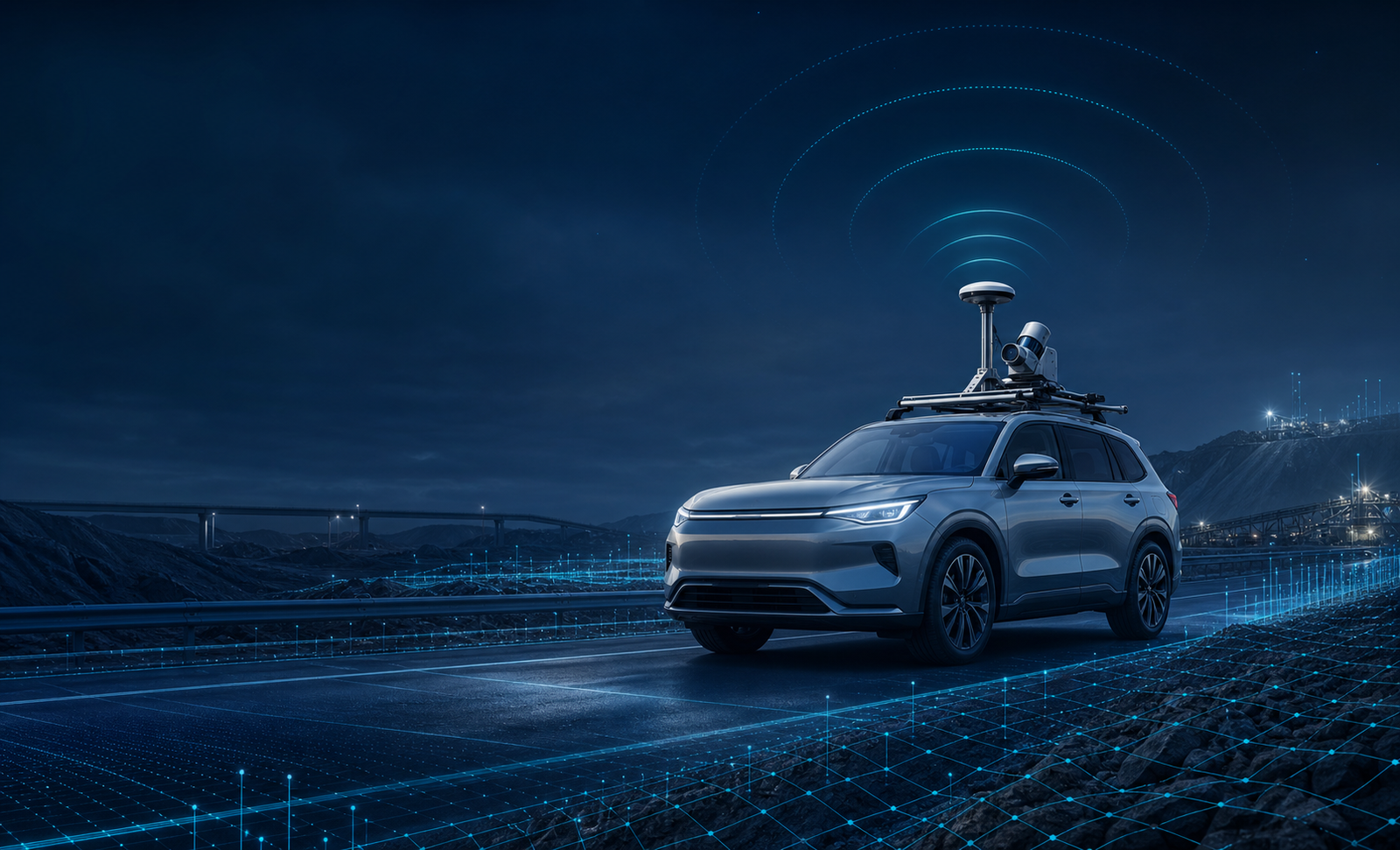 Conceptual surveying and mobile mapping GNSS integration illustration showing antenna, receiver, data capture and vehicle review context
