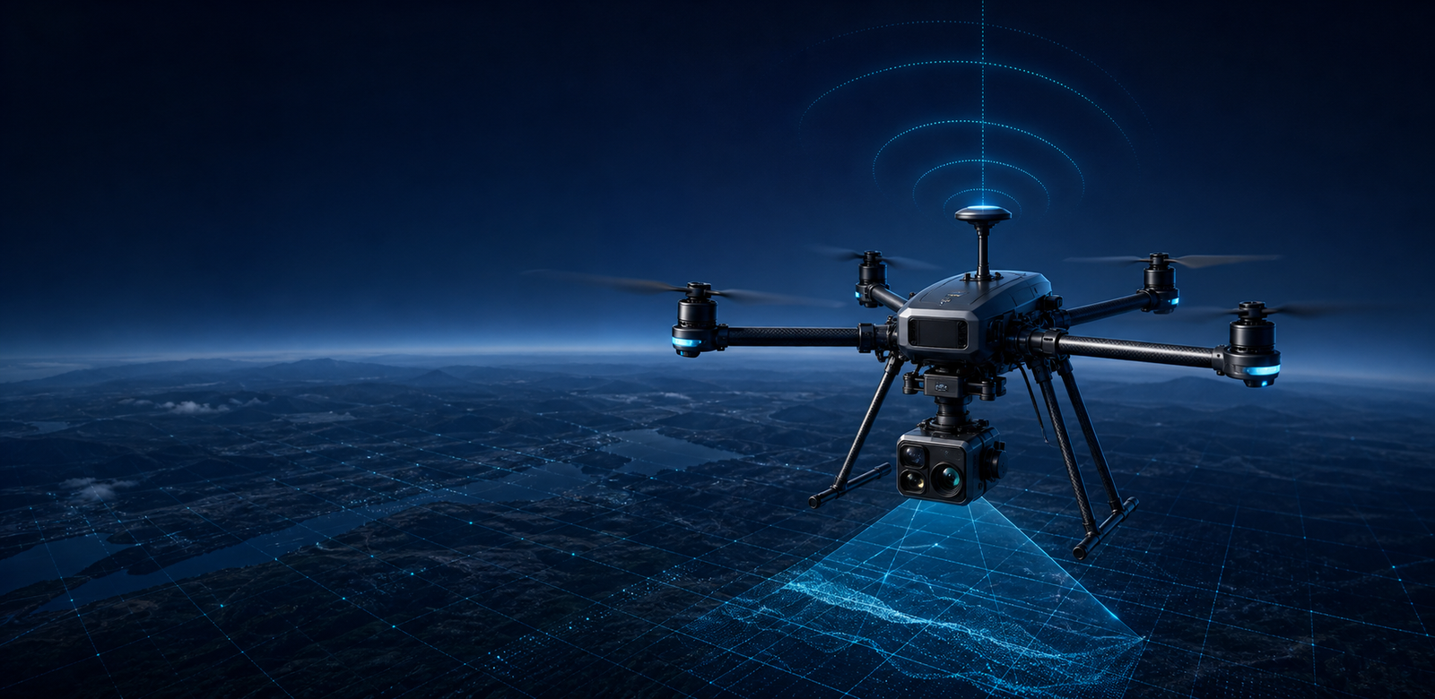 Conceptual UAV and aerial mapping GNSS integration illustration showing antenna, receiver and platform review context