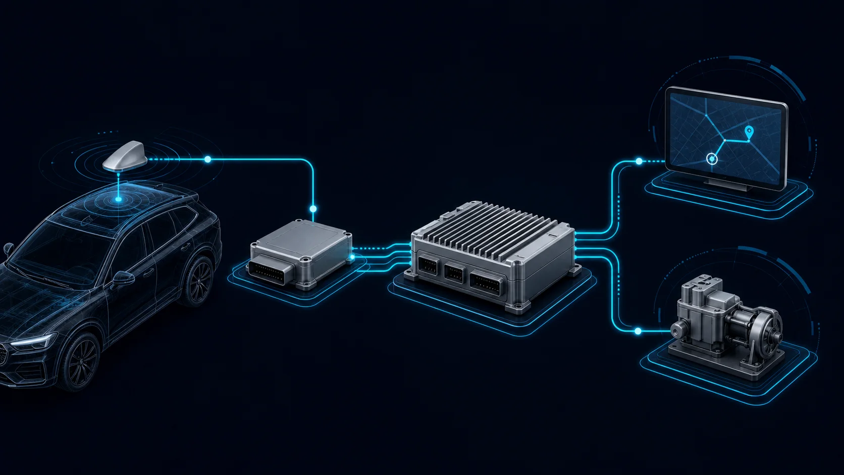 Conceptual vehicle GNSS integration illustration showing antenna, receiver, compute and control relationships.