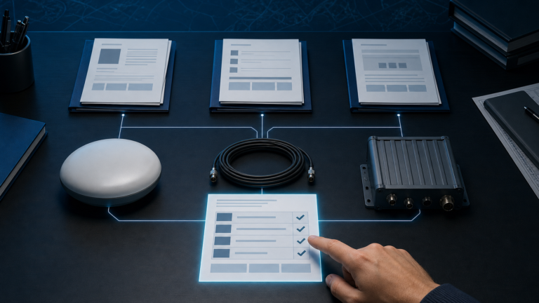 Engineering documents, an antenna, RF cable and receiver arranged around a reconciliation record