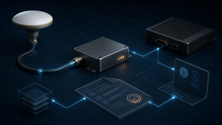 Conceptual engineering illustration of a GNSS receiver, RF path, platform system and configuration review evidence