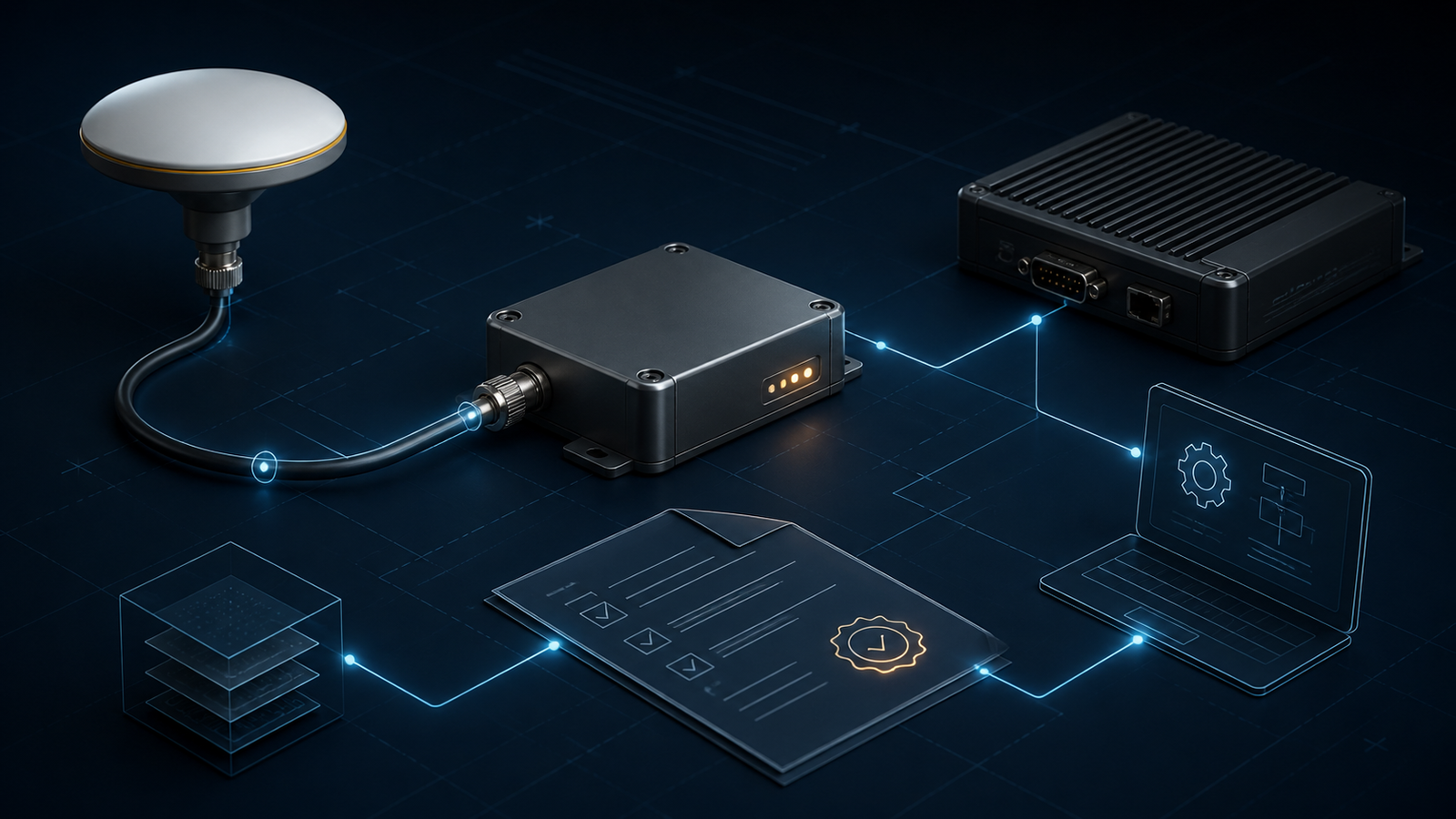 Conceptual engineering illustration of a GNSS receiver, RF path, platform system and configuration review evidence