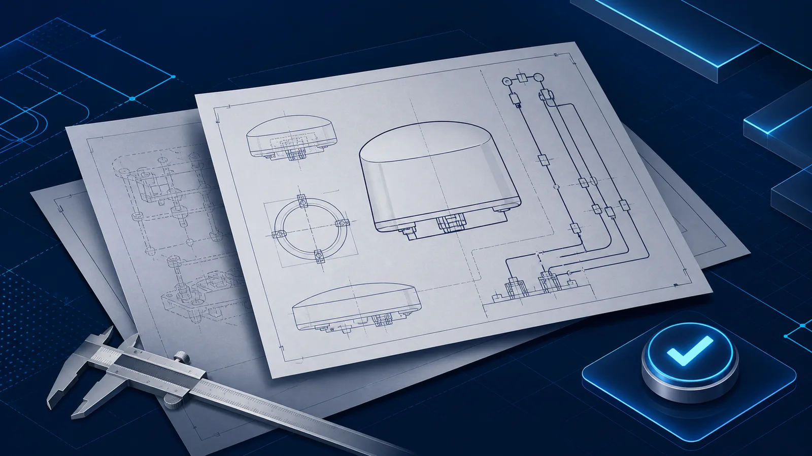 Conceptual engineering documentation review with technical drawings, an abstract GNSS equipment outline and an approval checkpoint
