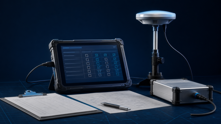 Generic GNSS field engineering workstation with observation record, antenna, receiver and tablet