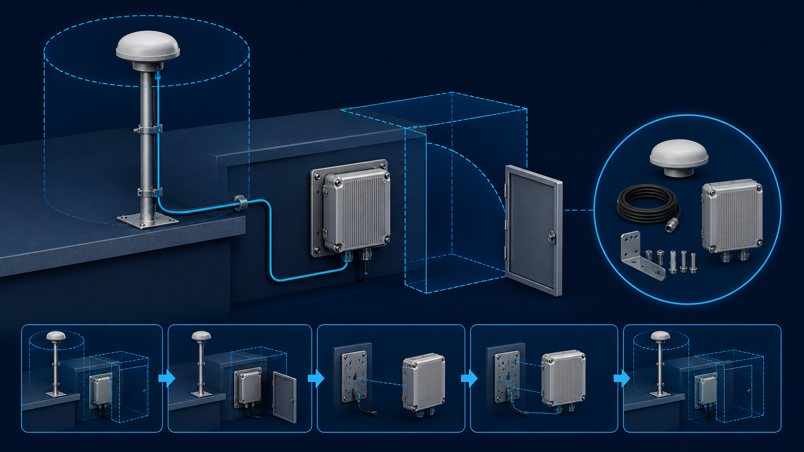 Illustrated GNSS installation service path showing antenna, cable, enclosure access and a replacement kit