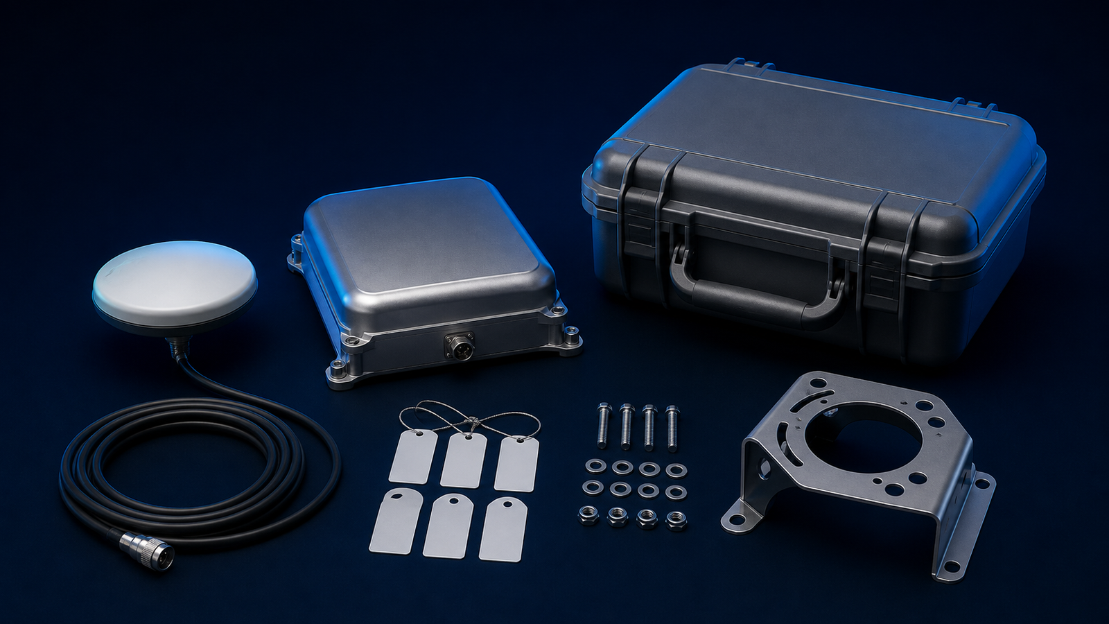 Generic GNSS service kit with enclosure, antenna, cable, mounting hardware and blank identity tags