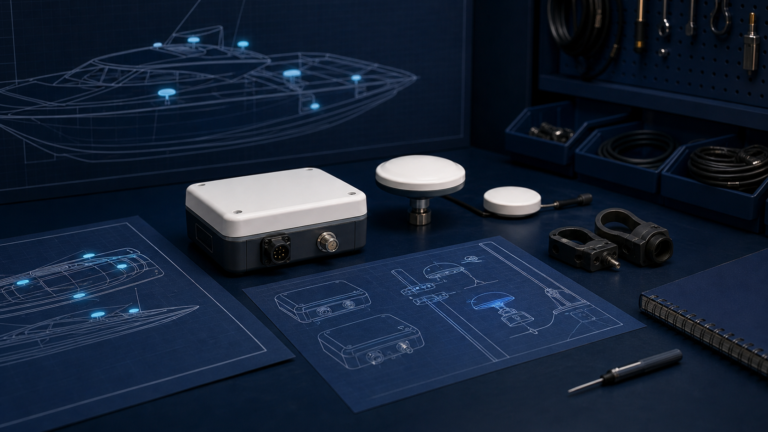 Generic GNSS components and service planning materials arranged on an engineering workbench