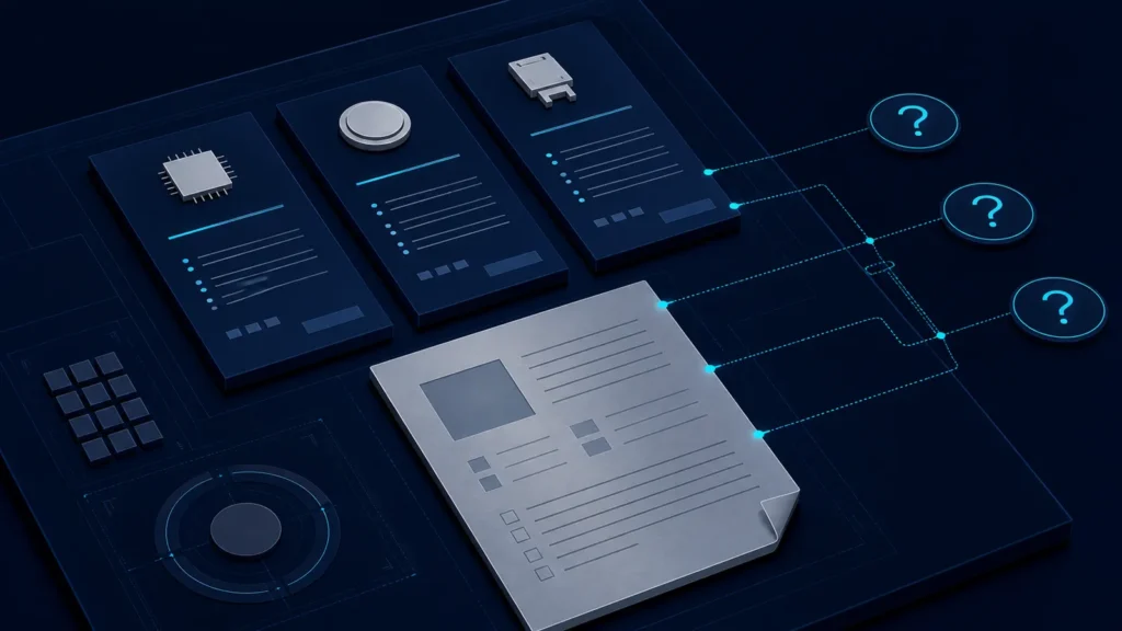 Conceptual engineering review showing technical proposal cards, an evidence document and open clarification markers