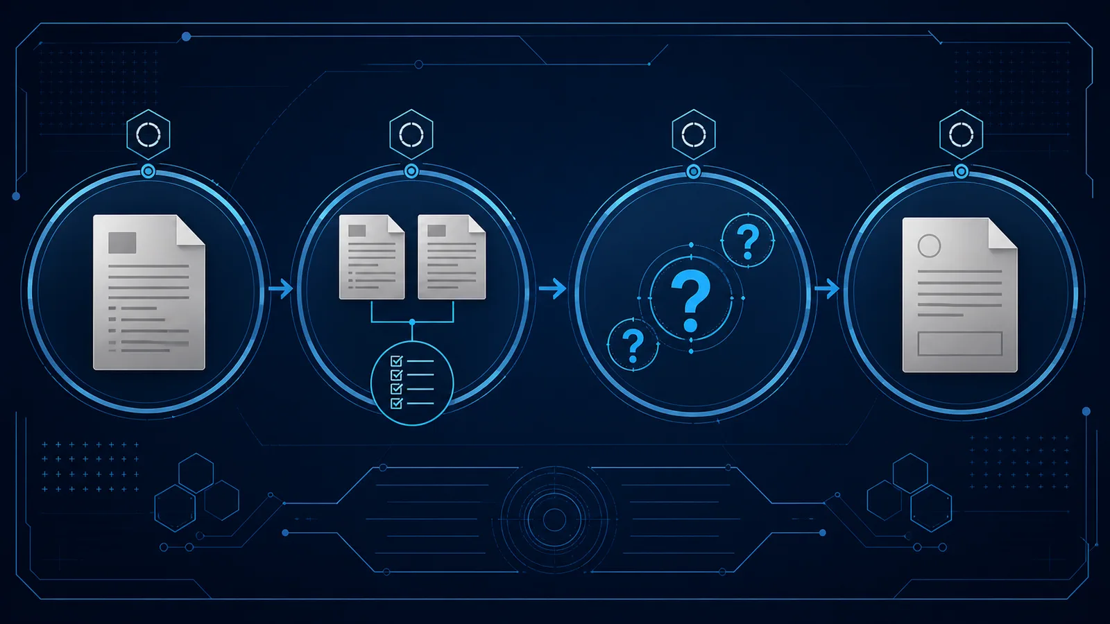 Abstract four-stage engineering workflow from buyer requirements to proposal comparison, clarification and decision record