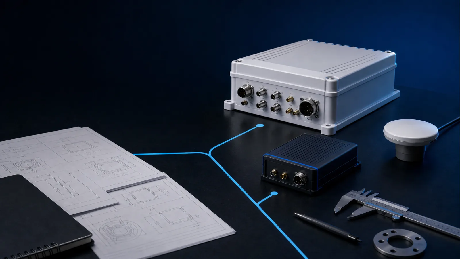 Generic GNSS antenna, receiver and RF integration equipment on an engineering workbench